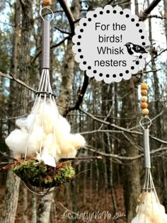 two bird feeders hanging from a tree in the woods with cotton balls on them