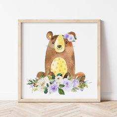 a watercolor painting of a brown bear with flowers on it's head sitting in front of a white wall