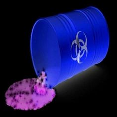 a blue barrel with pink substance coming out of it and a biohazard symbol on the side