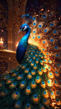 a peacock is standing in front of some lit candles