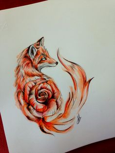 a drawing of a fox and a rose