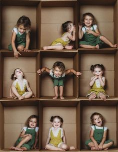 several photos of children sitting in boxes with their mouths open and hands on their hips