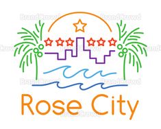 the rose city logo with fireworks in the sky and stars above it on a white background