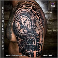 a man's arm with a compass and the words save our time on it