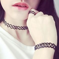 Punk Black Tattoo Elastic Choker + Bracelet + Ring Set Tattoos Pulseras, Mode Harajuku, Tattoo Choker Necklace, Necklace Tattoo, Kawaii Charms, Tattoo Choker, Gothic Emo, Accessories Inspiration, 1 Tattoo