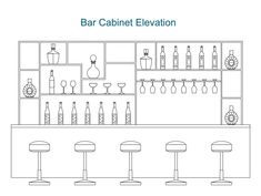 a line drawing of a bar with stools and bottles on the shelves above it