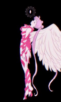 an angel with pink and white wings is blowing bubbles in the air while standing on her hind legs