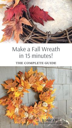 a wreath with fall leaves on it and the words make a fall wreath in 15 minutes