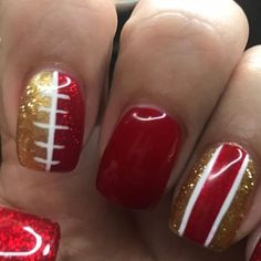 49ers Nails, Football Nail Designs, Football Nail Art, Sports Nails, Firework Nails, Rock Nails, Football Nails, Nail Art For Beginners, Fancy Nails Designs