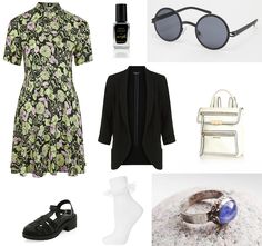 a women's clothing and accessories including shoes, sunglasses, purse, handbag