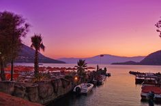 boats are docked in the water at sunset