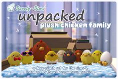 a bunch of chickens that are sitting on a bed together with the caption, 3 early birds unpacked plush chicken family