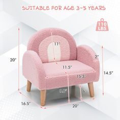 a pink chair with measurements for the seat