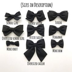 six different types of bow ties on a white background with the words sizes in description