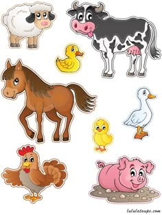 various farm animals and birds stickers on a white background, including a horse, cow, chicken, pig, duck, goose, rooster