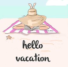 an open book sitting on top of a beach with the words hello vacation written below it