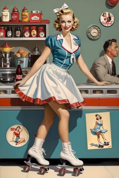 a painting of a woman on roller skates standing in front of a food stand