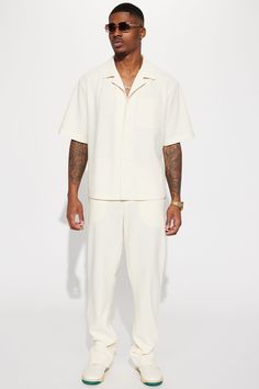 Model Height: 6'1 - Wearing Large Big & Tall: Height 6'5 - Wearing XXL Available In Off White. Cuban Collar Short Sleeve Front Button Closure Left Chest Pocket Disclaimer: Stripe Placement May Vary 96% Polyester 4% ElastanePair With "Show Up Slim Slit Pants" Or "Show Up Basketball Shorts" Imported | Mens Show Up Short Sleeve Cuban Shirt in Off White size XL by Fashion Nova Men Outfit White Pants, All White Mens Outfit Wedding, White Pants Men’s Outfit, White Men Outfit Casual, Men’s Beach Resort Wear, Outfits For Concerts Men, White Cowboy Outfit Men, Mens Outfits Vacation, All White Male Outfit