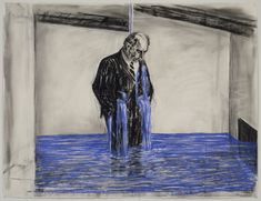 a drawing of a man standing in the water