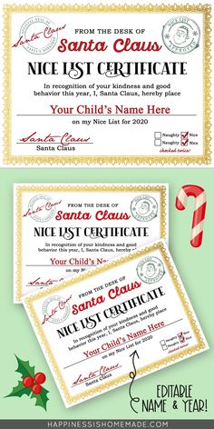 two christmas gift certificates with candy cane and candy cane on the front, one for santa