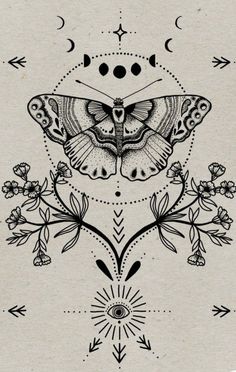 a black and white drawing of a moth on top of a plant with flowers in the middle