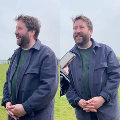 two pictures of a man with his hands in his pockets, and the same photo of him smiling