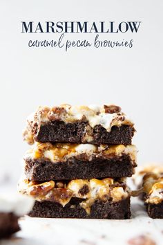 marshmallow caramel pecan brownies stacked up on top of each other