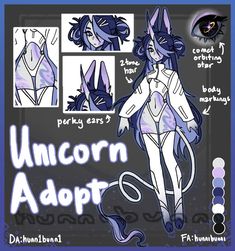 an image of unicorn adopt character sheet with instructions for how to draw them and paint them