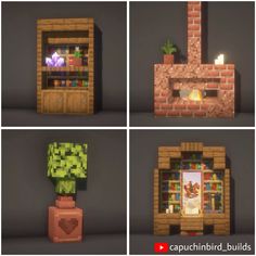 four different views of a fireplace in minecraft