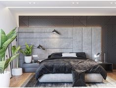 a modern bedroom with black and white decor