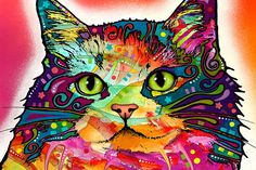 a painting of a cat with green eyes and multicolored patterns on it's face