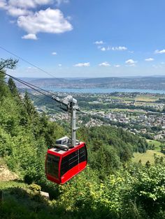 a red and black cable car going up a hill with trees on both sides in the foreground