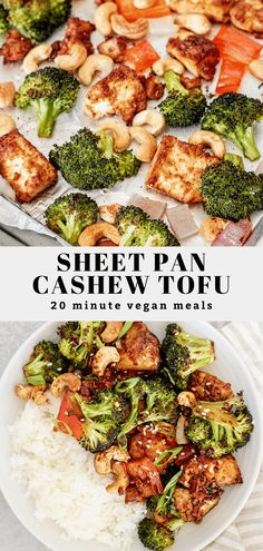 a plate with tofu, broccoli and cashews on it