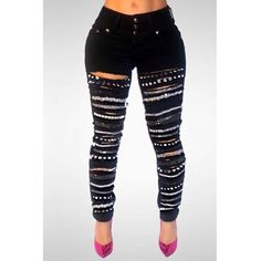 Ripped Jeans Outfit Women, Holey Jeans, Jeans With Chains, Cut Out Jeans, Ripped Jeans Outfit, Jeans Outfit Women, Denim Print, Lace Blouse Long Sleeve, Cheap Shoes Online