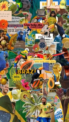 the collage is made up of many different items and colors, including bananas, oranges