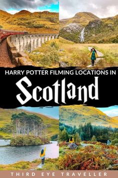 the cover of harry potter filming locations in scotland, with images of people and mountains