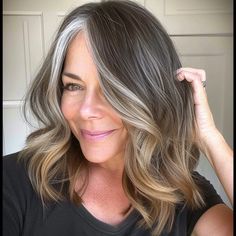 Sunlit Bronze Balayage On Salt And Pepper Hair, Gray Babylights On Brown Hair, Partial Gray Highlights On Dark Hair, Grey Blending Before And After, Salt And Pepper Hair Bob, Gray Highlights On Brown Hair, Gray Hair With Blonde Highlights, Colors For Gray Hair