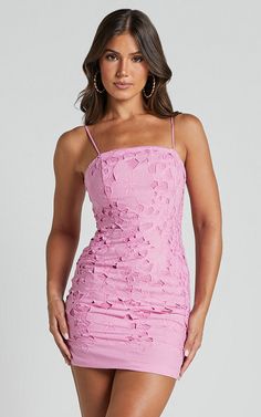 Kellie Mini Dress - Strappy Embroidered Lace Dress in Pink | Showpo USA Spring Mini Dress With Lace Trim And Straight Neckline, Summer Party Lace Dress With Straight Neckline, Spring Fitted Lace Dress With Spaghetti Straps, Fitted Lace Dress With Straight Neckline For Summer, Summer Lace Mini Dress With Straight Neckline, Lace Mini Dress With Straight Neckline For Summer, Pink Lace Mini Dress For Garden Party, Flirty Lace Mini Dress For Spring, Fitted Mini Dress With Lace Details