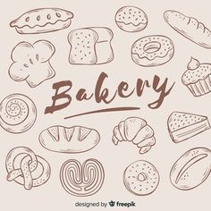 hand drawn bakery items with the word bakery