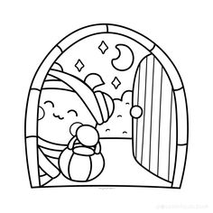 a cartoon character with a surfboard in front of an arched window, looking out at the ocean