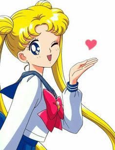 sailor girl with long blonde hair and blue eyes holding her hand out to the side