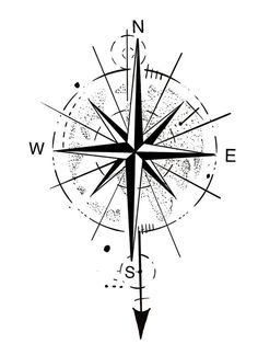 a black and white drawing of a compass