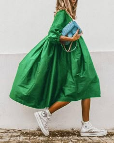 Plain Midi Dress, Three Quarter Sleeve Dresses, Mode Casual, Green Midi Dress, Midi Dress With Sleeves, Plus Dresses, Looks Style, Mode Inspiration, Party Dresses For Women