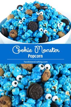 cookie monster popcorn in a bowl with googly eyes and oreo cookies on top