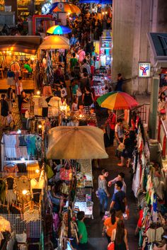 an overhead view of people shopping at night