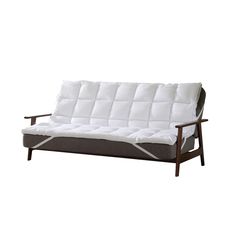 a white futon sofa bed sitting on top of a wooden frame