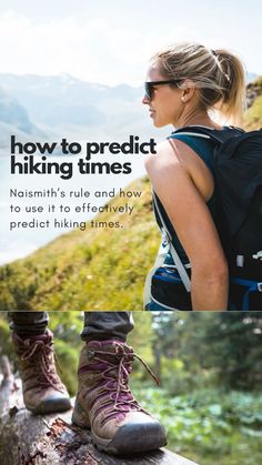 a woman with hiking gear looking out over the mountains and trees, while wearing hiking boots