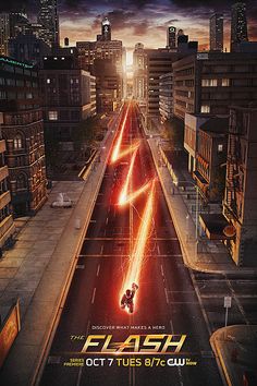 the flash tv series poster with an image of a cityscape in the background