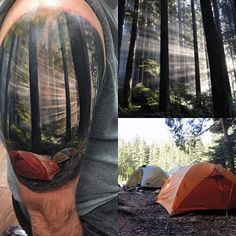 an image of a man with a tent in the woods on his arm that is half covered by sunbeams