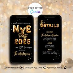 two new year's eve party tags with gold foil lettering and confetti